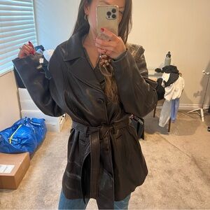 Chocolate Brown Soft Leather Belted Trench Coat Jacket | Men’s Large/Ladies XL